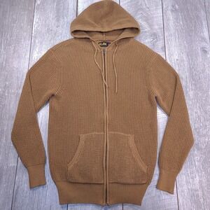 PARK Waffle Knit Zip Through Hoodie Mens Small Brown Full Zip Sweater